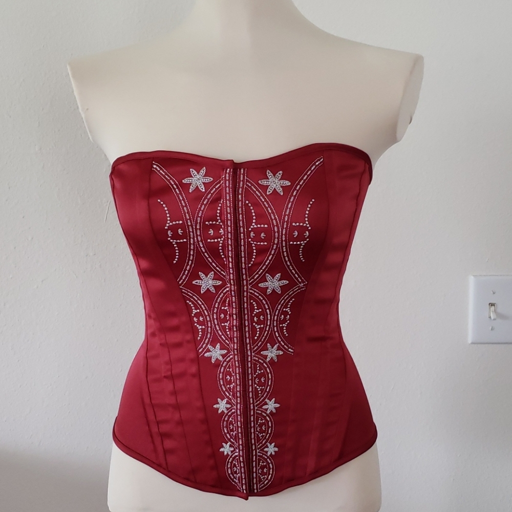 Red Burgundy Embroidered Corset Vintage